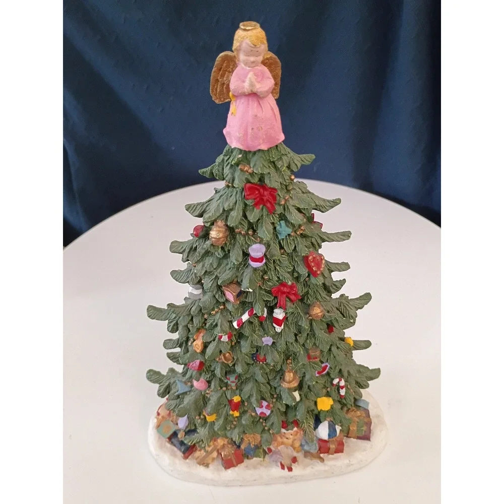 Vintage Resin Christmas Tree Figurine with Angel Topper and Presents 8 Inch